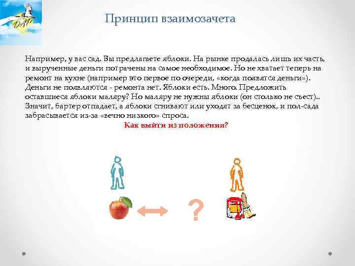 Принцип взаимозачета Например, у вас сад. Вы предлагаете яблоки. На рынке продалась лишь их