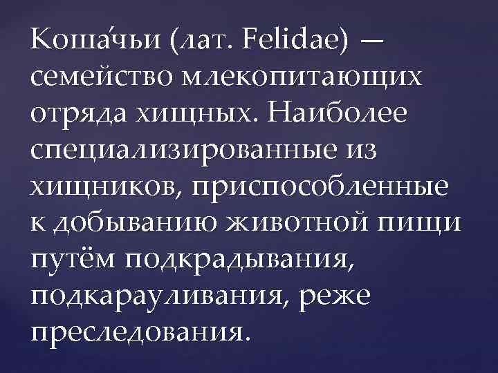 Коша чьи (лат. Felidae) — семейство млекопитающих отряда хищных. Наиболее специализированные из хищников, приспособленные