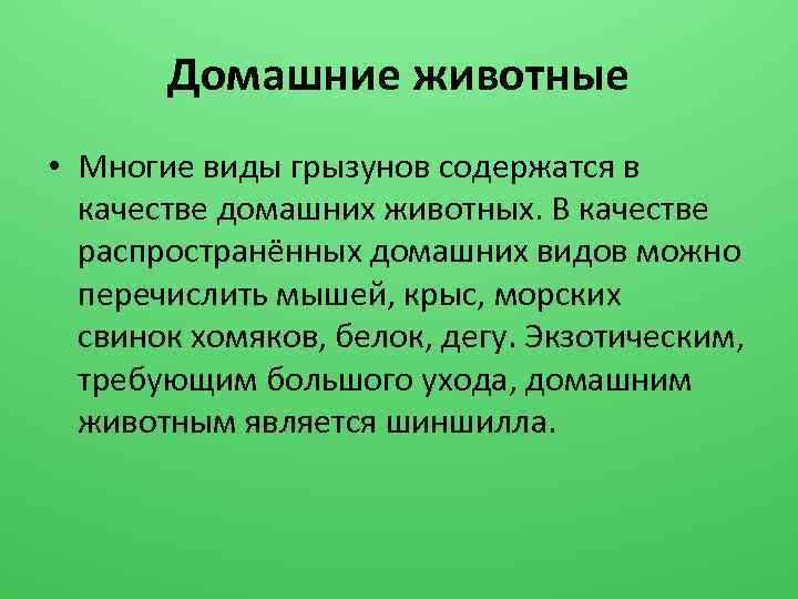 Домашние животные • Многие виды грызунов содержатся в качестве домашних животных. В качестве распространённых