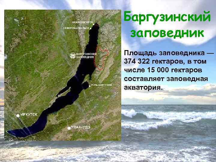 Баргузинский заповедник Площадь заповедника — 374 322 гектаров, в том числе 15 000 гектаров