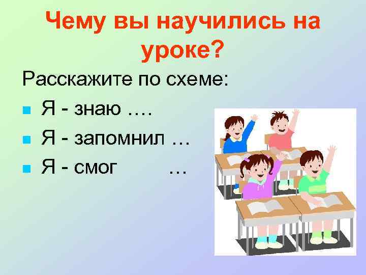 Чему вы научились на уроке? Расскажите по схеме: Я - знаю …. Я -