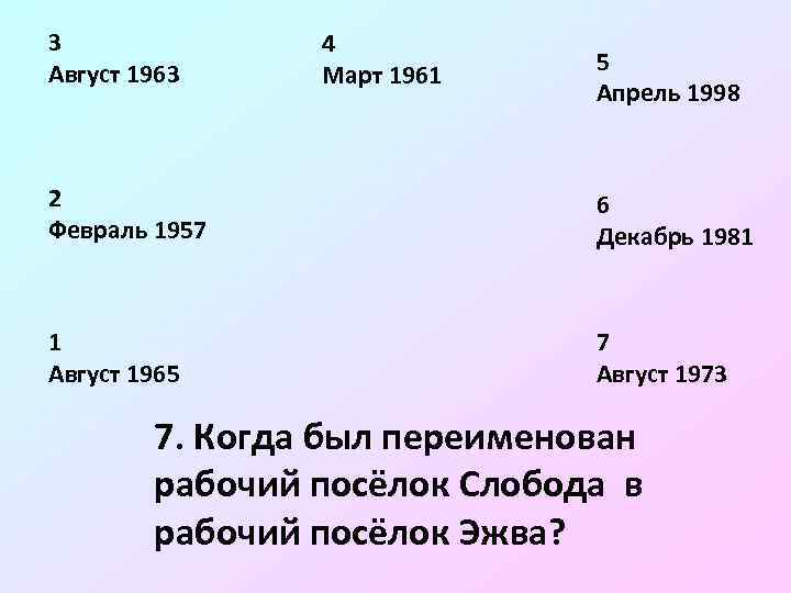 3 Август 1963 4 Март 1961 5 Апрель 1998 2 Февраль 1957 6 Декабрь