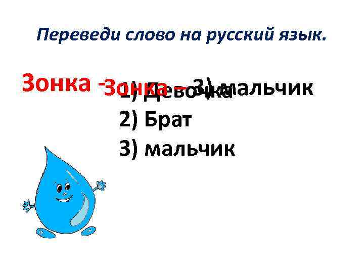 Переведи слово на русский язык. Зонка -Зонка – 3) мальчик 1) Девочка 2) Брат