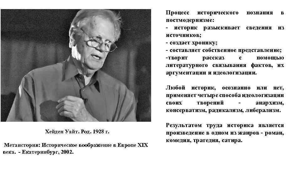 Процесс исторического познания в постмодернизме: - историк разыскивает сведения из источников; - создает хронику;