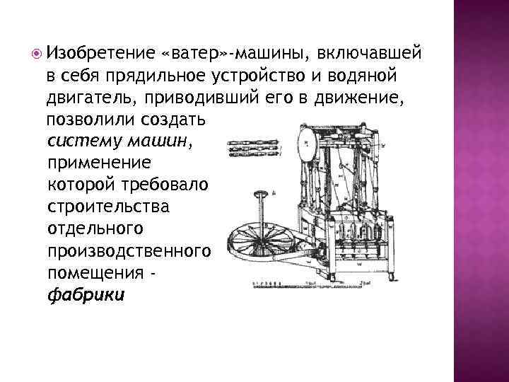  Изобретение «ватер» -машины, включавшей в себя прядильное устройство и водяной двигатель, приводивший его