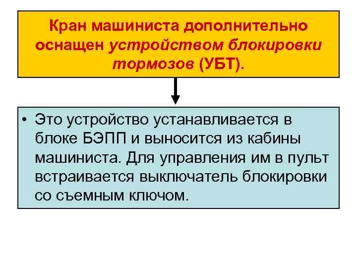 Кран машиниста дополнительно оснащен устройством блокировки тормозов (УБТ). • Это устройство устанавливается в блоке