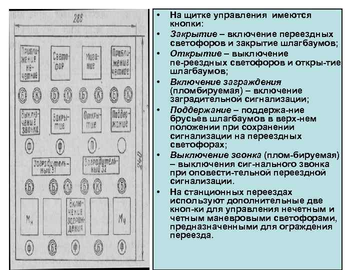  • • На щитке управления имеются кнопки: Закрытие – включение переездных светофоров и