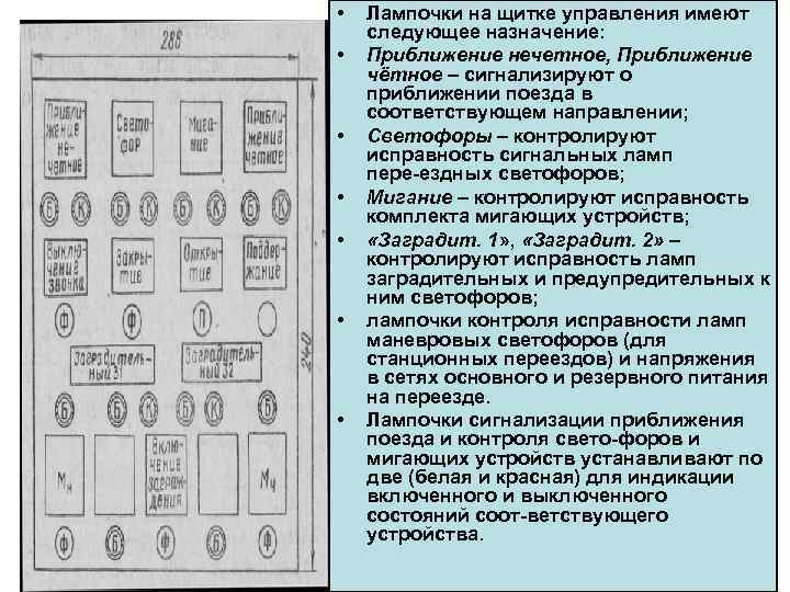  • • Лампочки на щитке управления имеют следующее назначение: Приближение нечетное, Приближение чётное