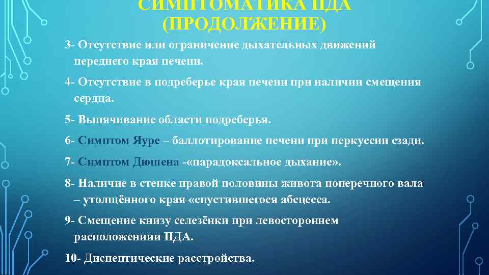 СИМПТОМАТИКА ПДА (ПРОДОЛЖЕНИЕ) 3 - Отсутствие или ограничение дыхательных движений переднего края печени. 4