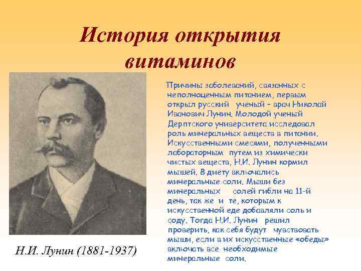 История открытия витаминов Н. И. Лунин (1881 -1937) Причины заболеваний, связанных с неполноценным питанием,