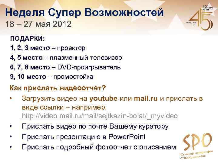Неделя Супер Возможностей 18 – 27 мая 2012 ПОДАРКИ: 1, 2, 3 место –