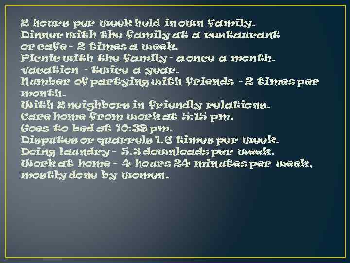 2 hours per week held in own family. Dinner with the family at a