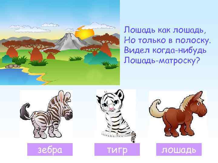 Лошадь как лошадь, Но только в полоску. Видел когда-нибудь Лошадь-матроску? зебра тигр лошадь 