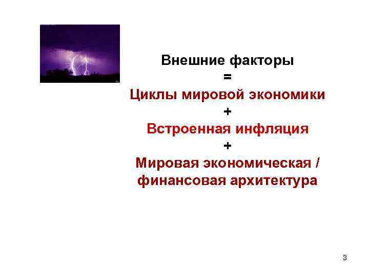 Внешние факторы = Циклы мировой экономики + Встроенная инфляция + Мировая экономическая / финансовая