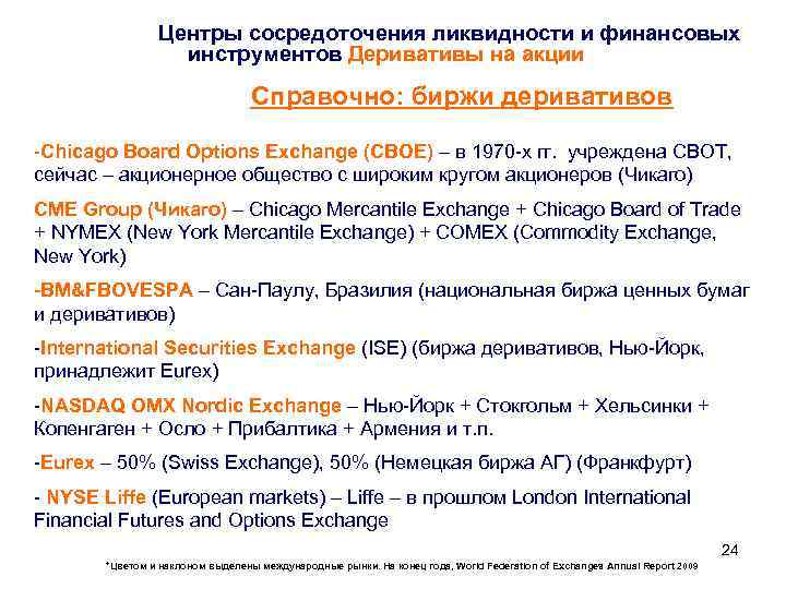 Центры сосредоточения ликвидности и финансовых инструментов Деривативы на акции Справочно: биржи деривативов -Chicago Board