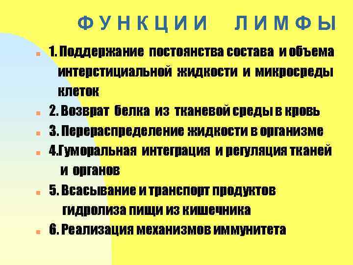 ФУНКЦИИ n n n ЛИМФЫ 1. Поддержание постоянства состава и объема интерстициальной жидкости и