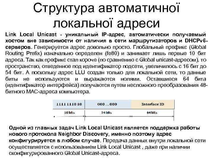 Структура автоматичної локальної адреси Link Local Unicast - уникальный IP-адрес, автоматически получаемый хостом вне