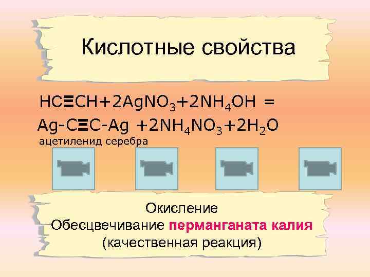 Кислотные свойства НСΞСН+2 Ag. NO 3+2 NH 4 OH = Ag-CΞC-Ag +2 NH 4