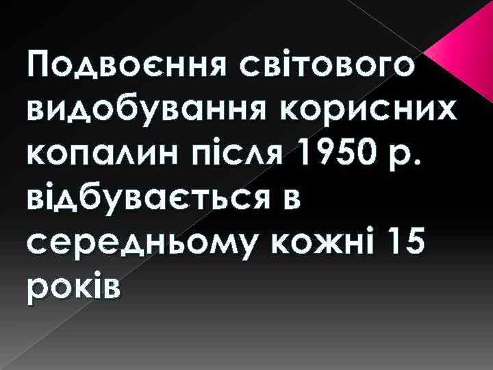 Подвоєння світового видобування корисних копалин після 1950 р. відбувається в середньому кожні 15 років