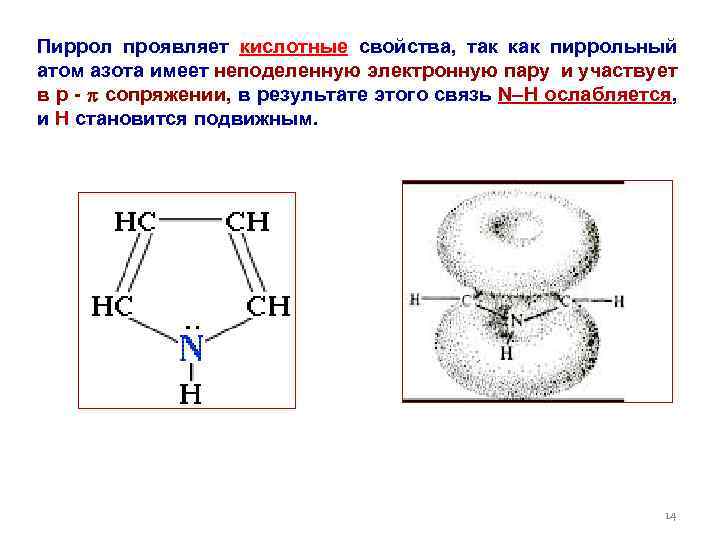 Пиррол проявляет кислотные свойства, так как пиррольный атом азота имеет неподеленную электронную пару и