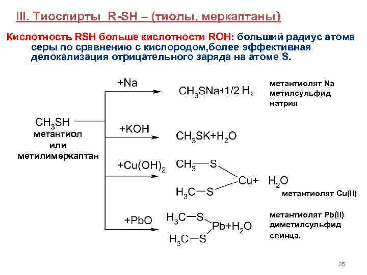 III. Тиоспирты R-SH – (тиолы, меркаптаны) Кислотность RSH больше кислотности ROH: больший радиус атома