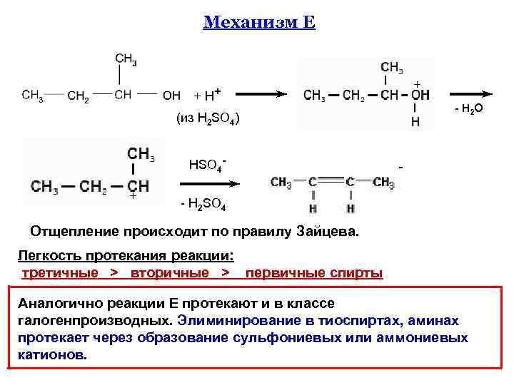 Механизм Е + H+ (из H 2 SO 4) + - H 2 O