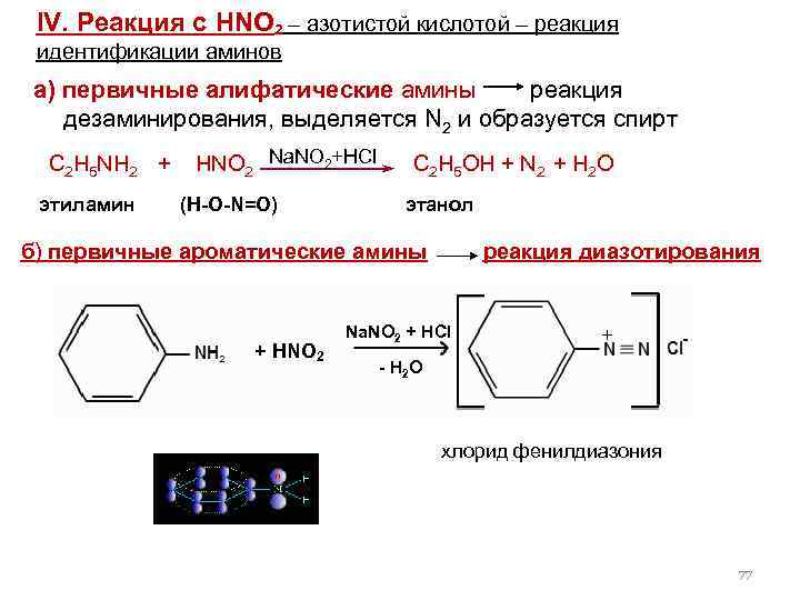 IV. Реакция с HNO 2 – азотистой кислотой – реакция идентификации аминов а) первичные