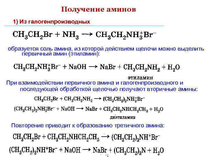 Получение аминов 1) Из галогенпроизводных образуется соль амина, из которой действием щелочи можно выделить