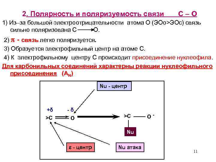 2. Полярность и поляризуемость связи С – О 1) Из–за большой электроотрицательности атома О