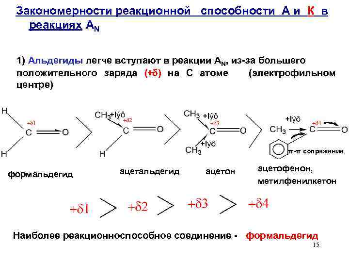 Закономерности реакционной способности А и К в реакциях AN 1) Альдегиды легче вступают в