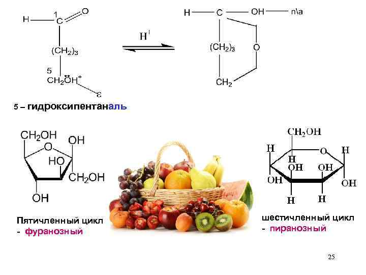 5 – гидроксипентаналь Пятичленный цикл - фуранозный шестичленный цикл - пиранозный 25 