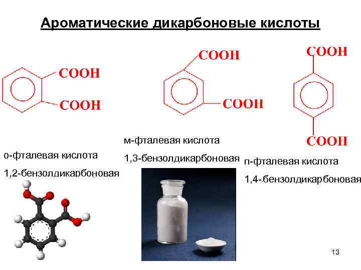 Ароматические дикарбоновые кислоты м-фталевая кислота о-фталевая кислота 1, 2 -бензолдикарбоновая 1, 3 -бензолдикарбоновая п-фталевая