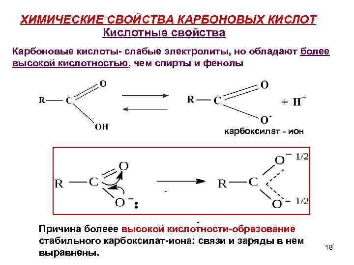 ХИМИЧЕСКИЕ СВОЙСТВА КАРБОНОВЫХ КИСЛОТ Кислотные свойства Карбоновые кислоты- слабые электролиты, но обладают более высокой