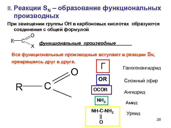 II. Реакции SN – образование функциональных производных При замещении группы ОН в карбоновых кислотах