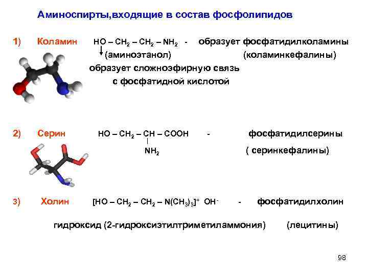 Аминоспирты, входящие в состав фосфолипидов 1) Коламин 2) Серин образует фосфатидилколамины (аминоэтанол) (коламинкефалины) образует