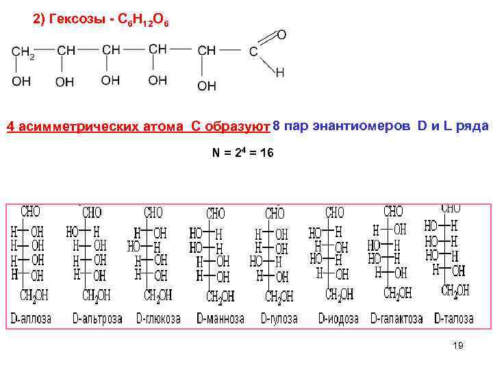 2) Гексозы - C 6 H 12 O 6 4 асимметрических атома С образуют
