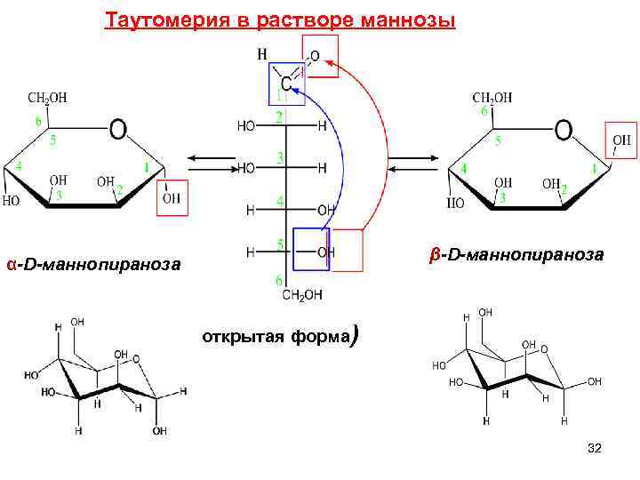Таутомерия в растворе маннозы β-D-маннопираноза α-D-маннопираноза открытая форма) 32 