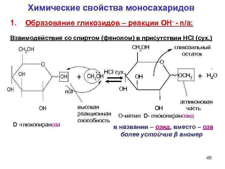 Химические свойства моносахаридов 1. Образование гликозидов – реакции ОН- - п/а; Взаимодействие со спиртом