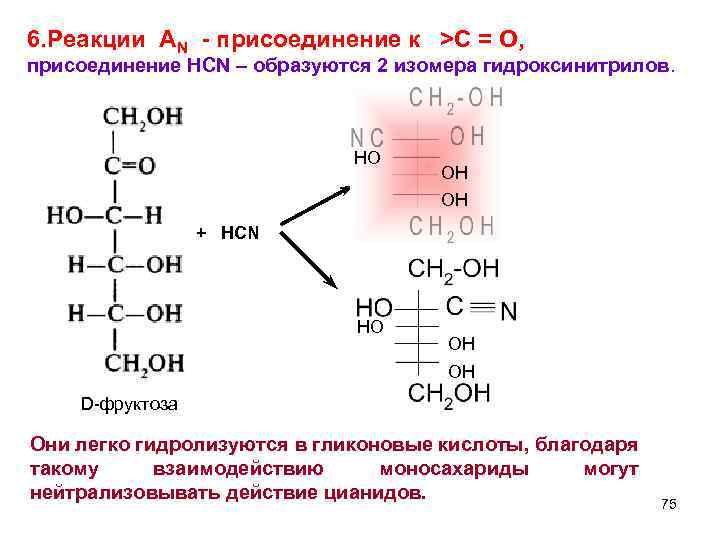 6. Реакции AN - присоединение к >C = O, присоединение HCN – образуются 2