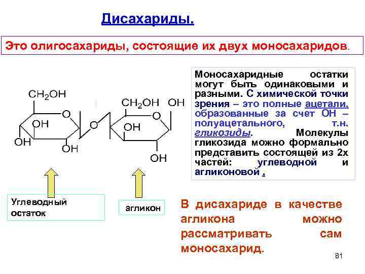 Дисахариды. Это олигосахариды, состоящие их двух моносахаридов. Моносахаридные остатки могут быть одинаковыми и разными.