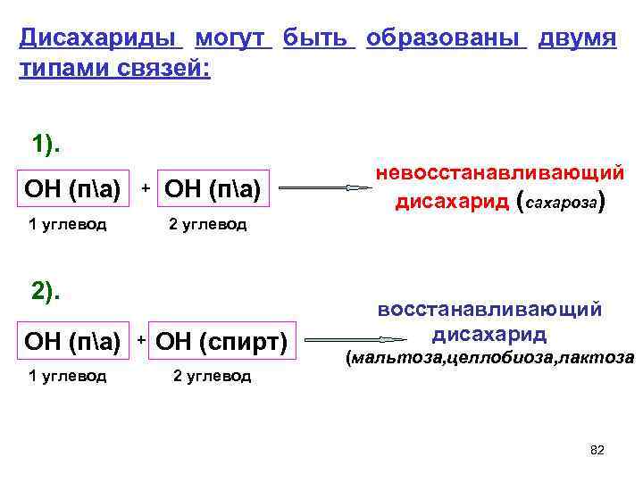 Дисахариды могут быть образованы двумя типами связей: 1). ОН (па) + 1 углевод ОН