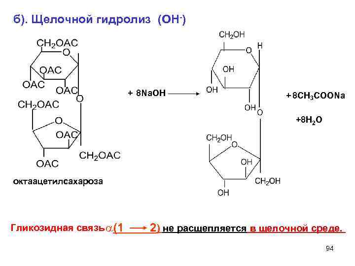 б). Щелочной гидролиз (ОН-) + 8 Na. ОН + 8 СН 3 СООNa +8
