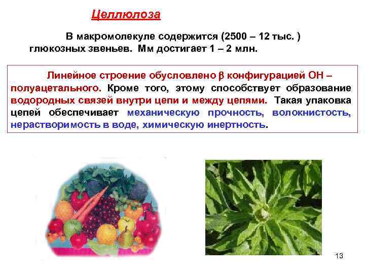 Целлюлоза В макромолекуле содержится (2500 – 12 тыс. ) глюкозных звеньев. Мм достигает 1