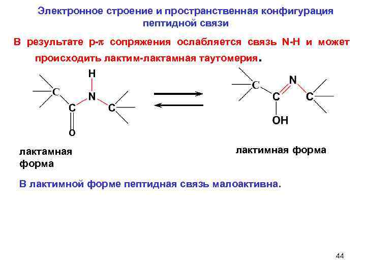 Электронное строение и пространственная конфигурация пептидной связи В результате p- сопряжения ослабляется связь N-H