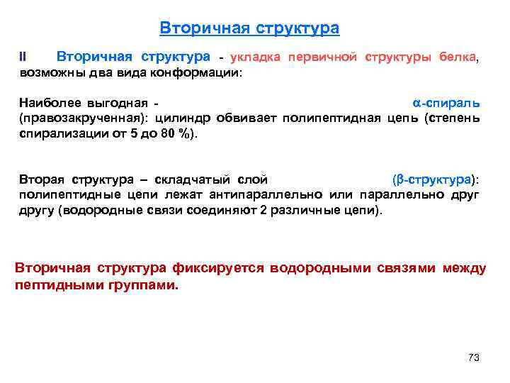 Вторичная структура II Вторичная структура - укладка первичной структуры белка, возможны два вида конформации: