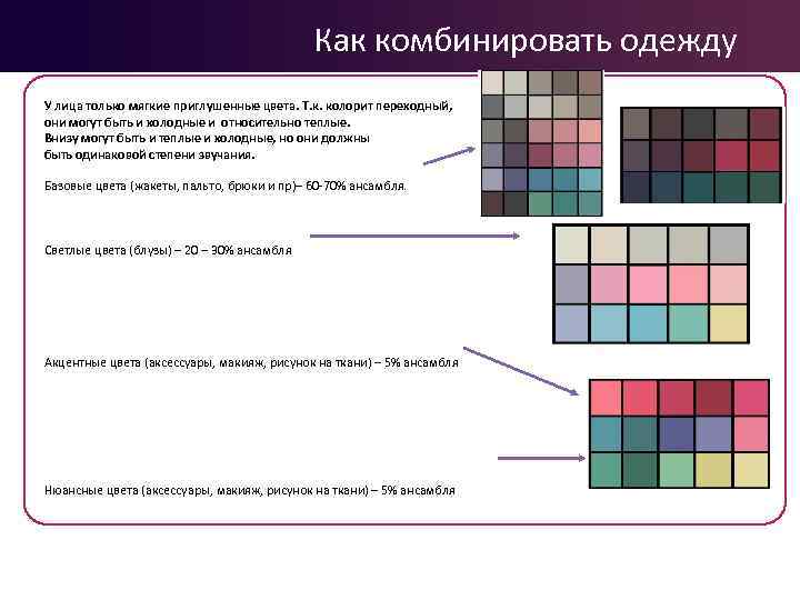 Как комбинировать одежду У лица только мягкие приглушенные цвета. Т. к. колорит переходный, они