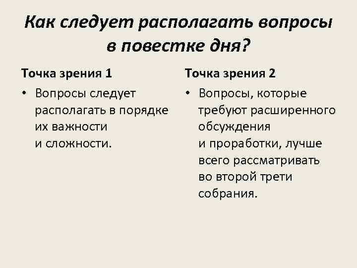 Как следует располагать вопросы в повестке дня? Точка зрения 1 Точка зрения 2 •