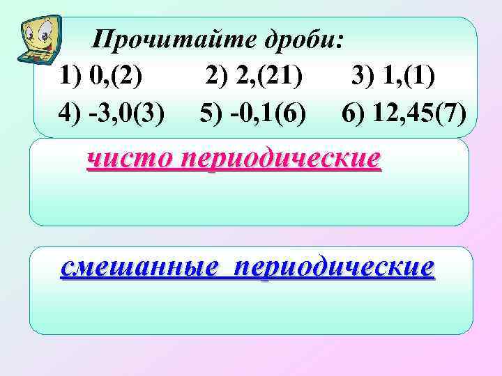 Прочитайте дроби: 1) 0, (2) 2) 2, (21) 3) 1, (1) 4) -3, 0(3)