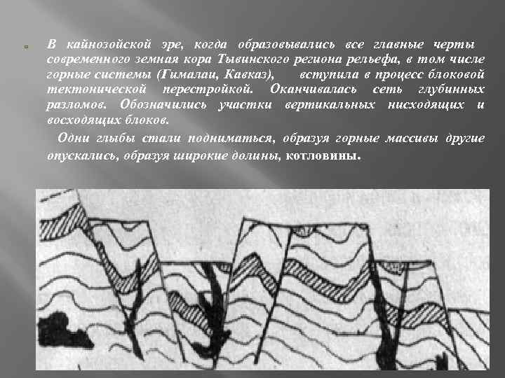 В кайнозойской эре, когда образовывались все главные черты современного земная кора Тывинского региона рельефа,