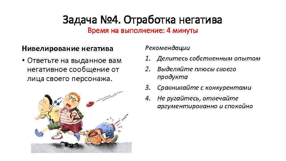 Задача № 4. Отработка негатива Время на выполнение: 4 минуты Нивелирование негатива • Ответьте